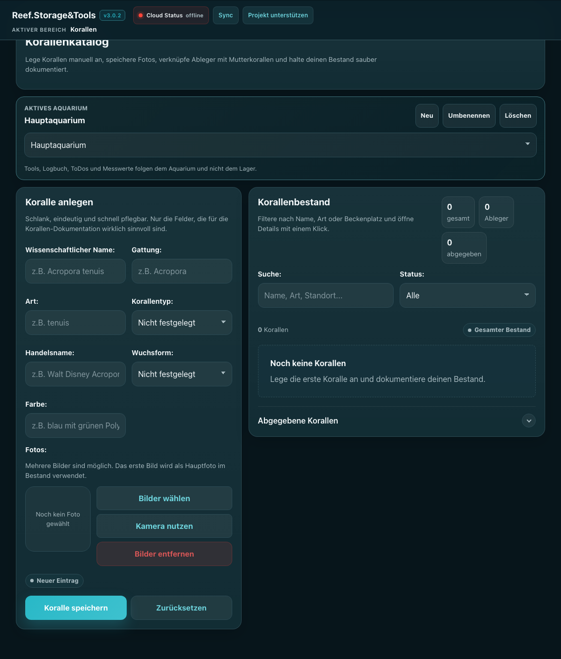Screenshot Korallenverwaltung