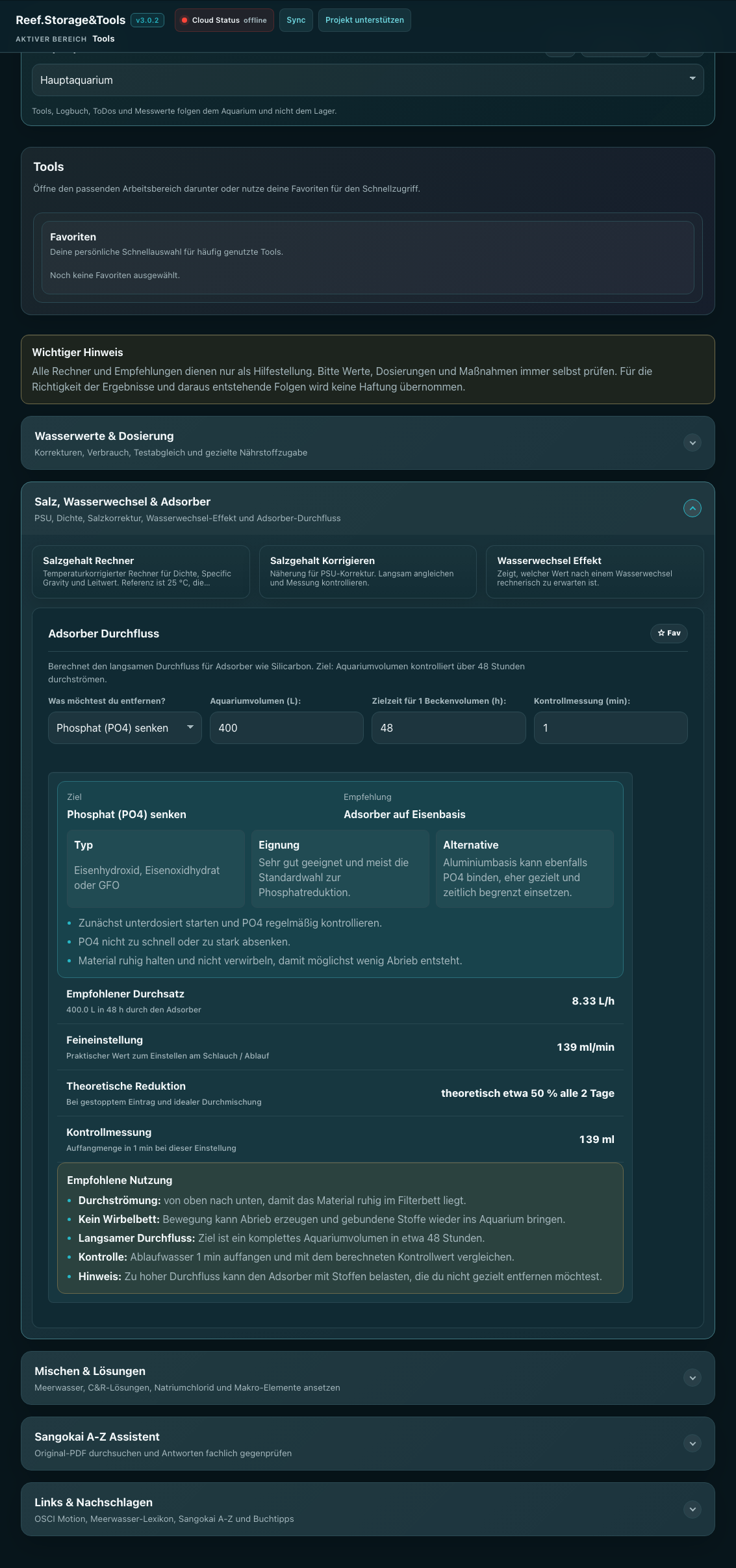 Screenshot Tools Salinität und Adsorber
